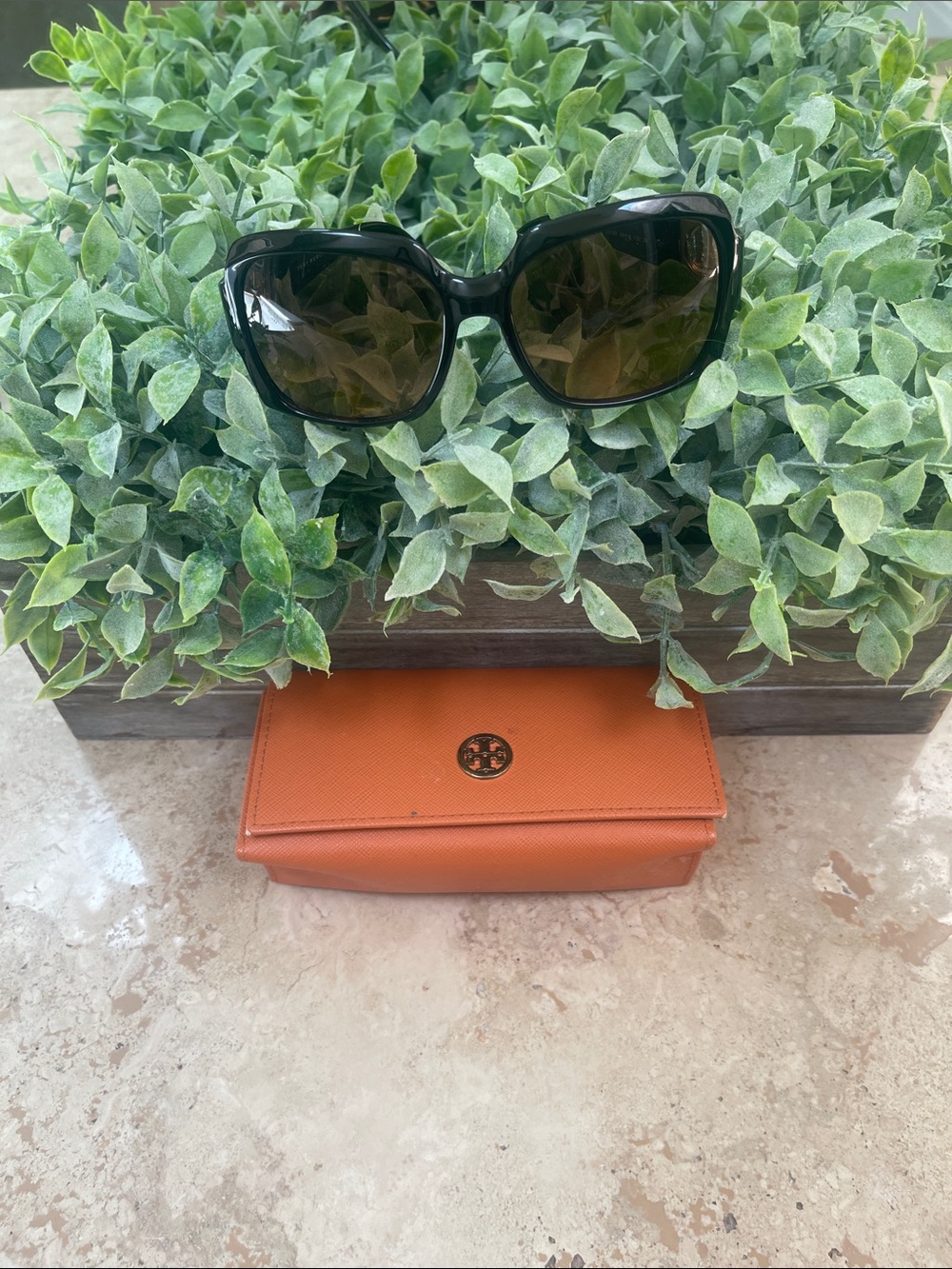Tory Burch Black Oversized Sunglasses with Orange Logo Case